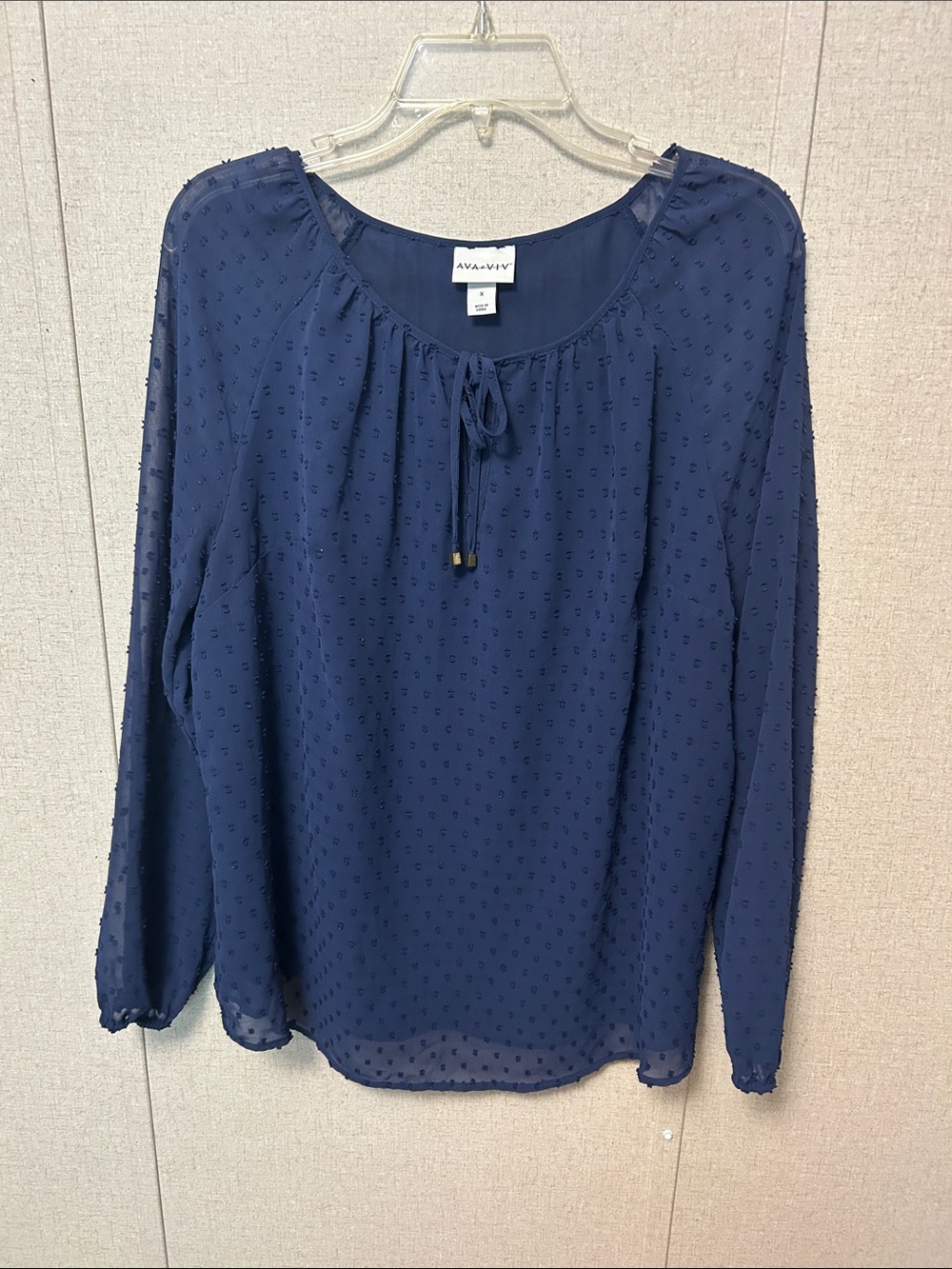Ava & Viv Navy Tie-Neck Swiss Dot Peasant Blouse